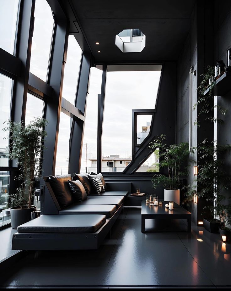 Sunlight Illuminated Black Themed Relaxation Spot With Natural Lights