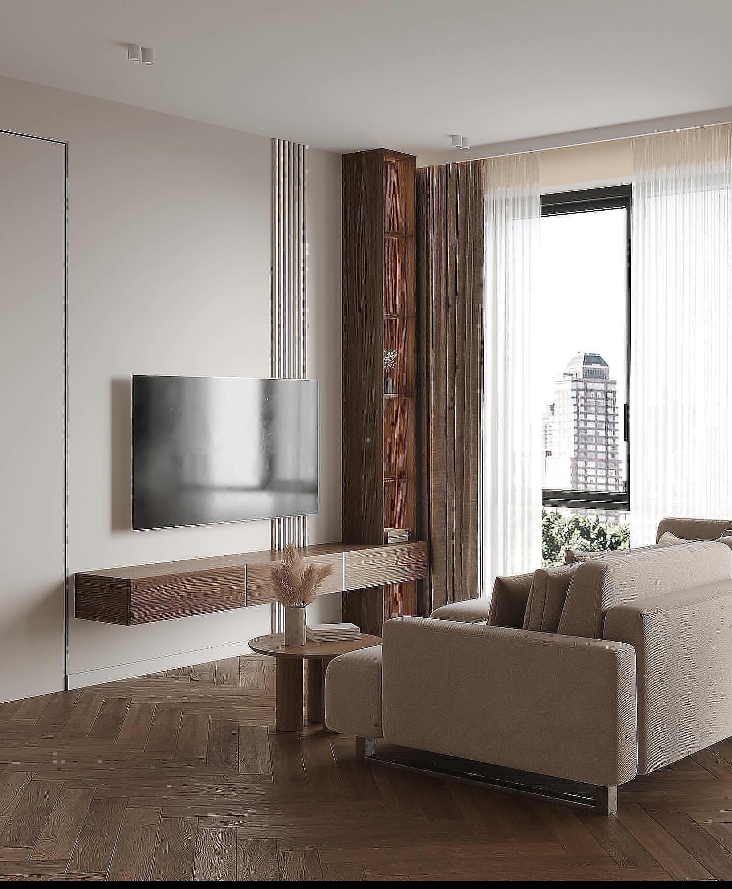 Seamless TV and suspended TV console design