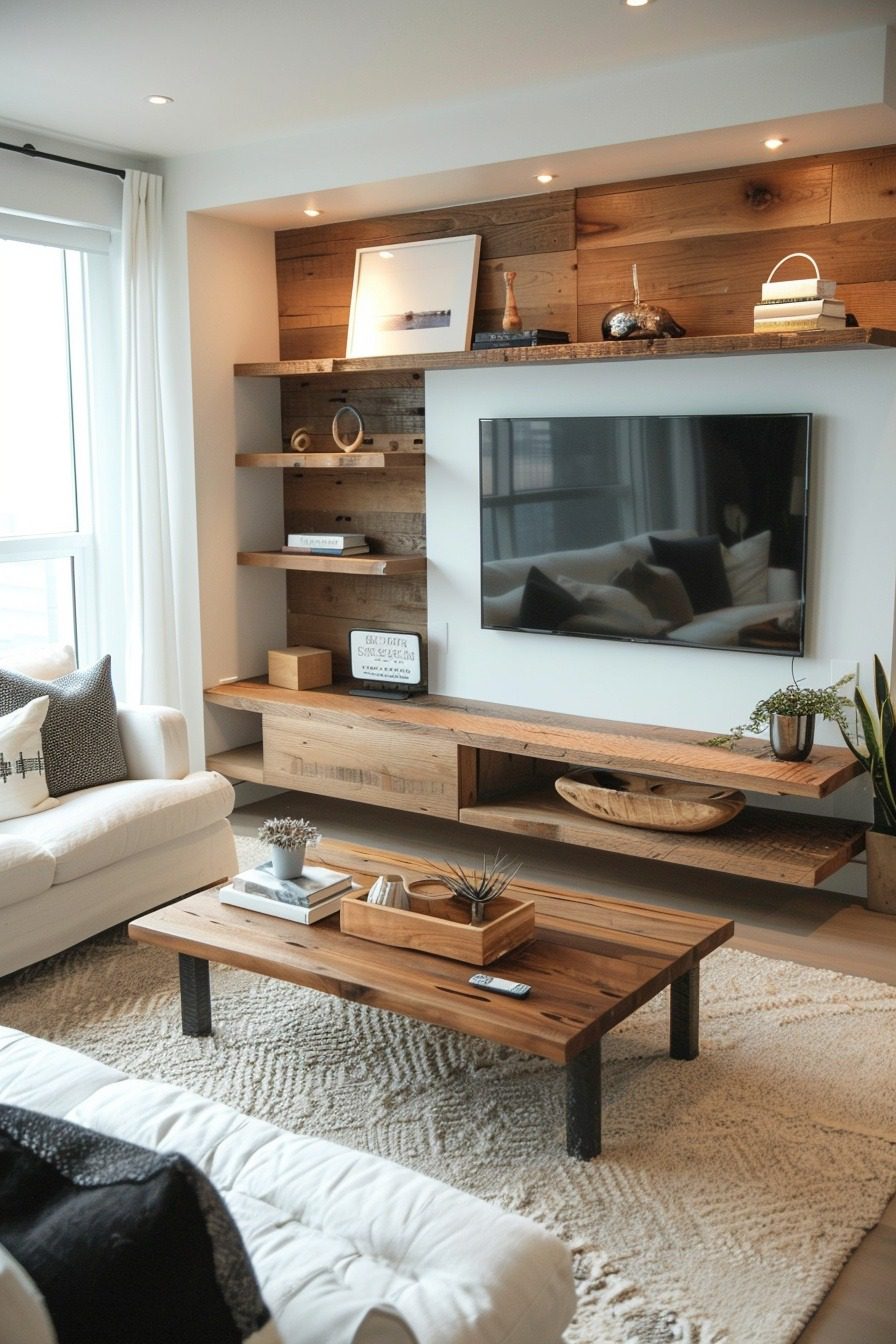 wood themed small space living room decor
