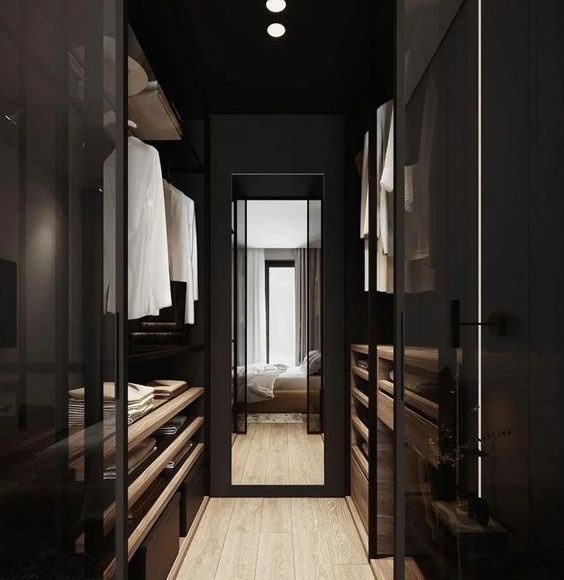 dark narrow walk in closet ideas