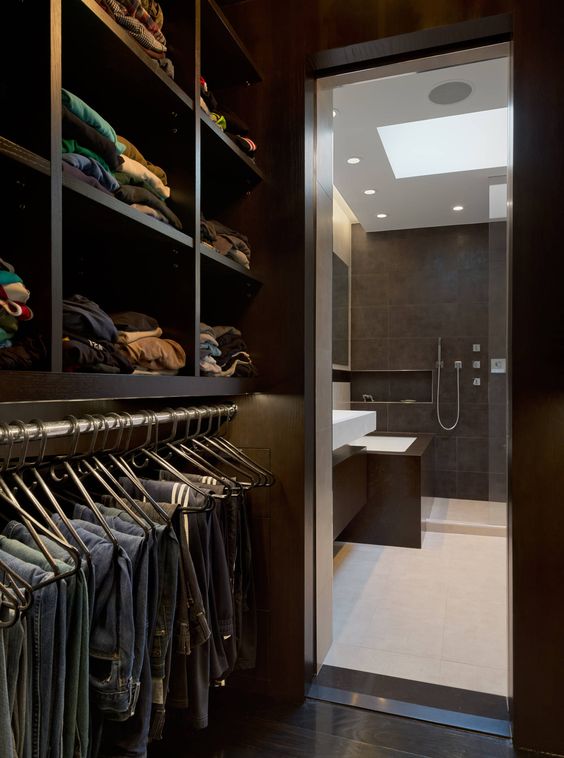 dark small master closet