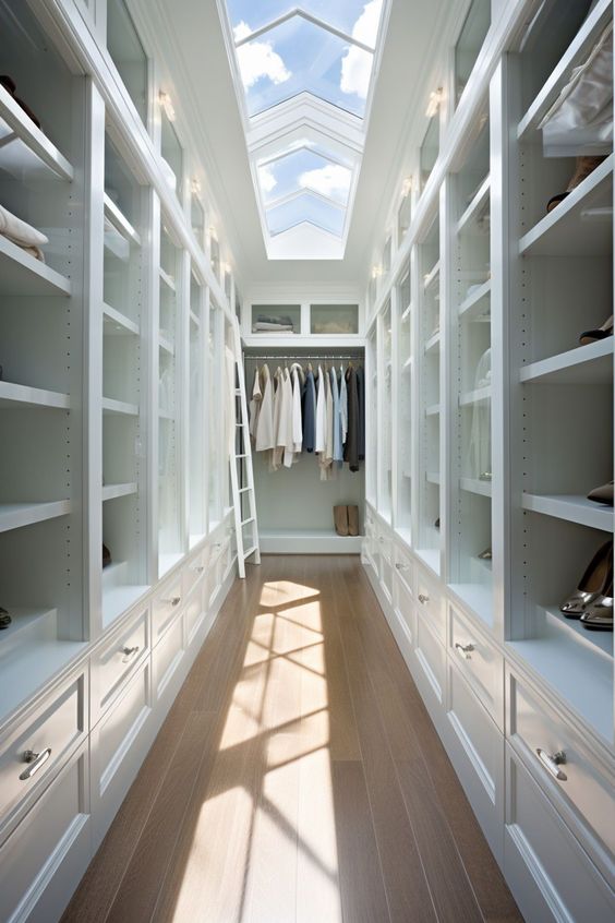 open roof narrow walk in closet ideas