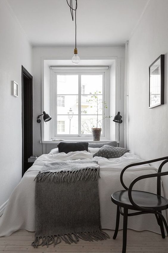 stylish narrow bedroom