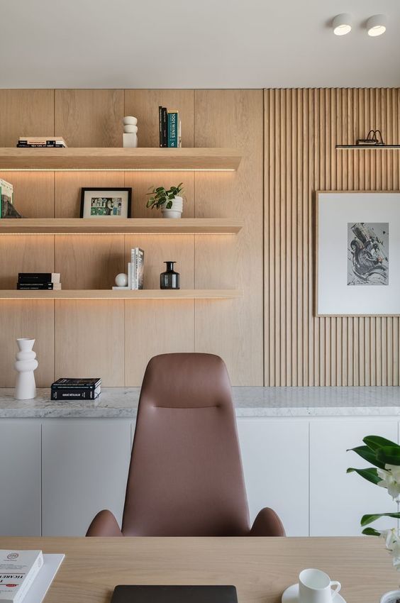 wood themed simple office decor