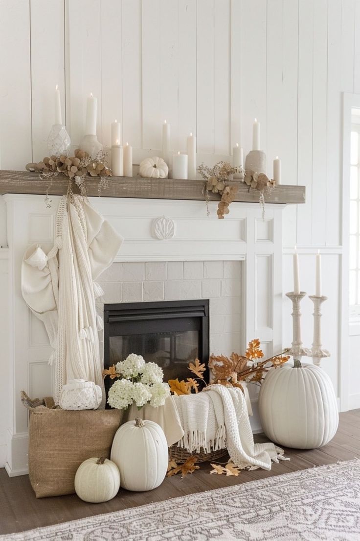 white themed fall mantle decor
