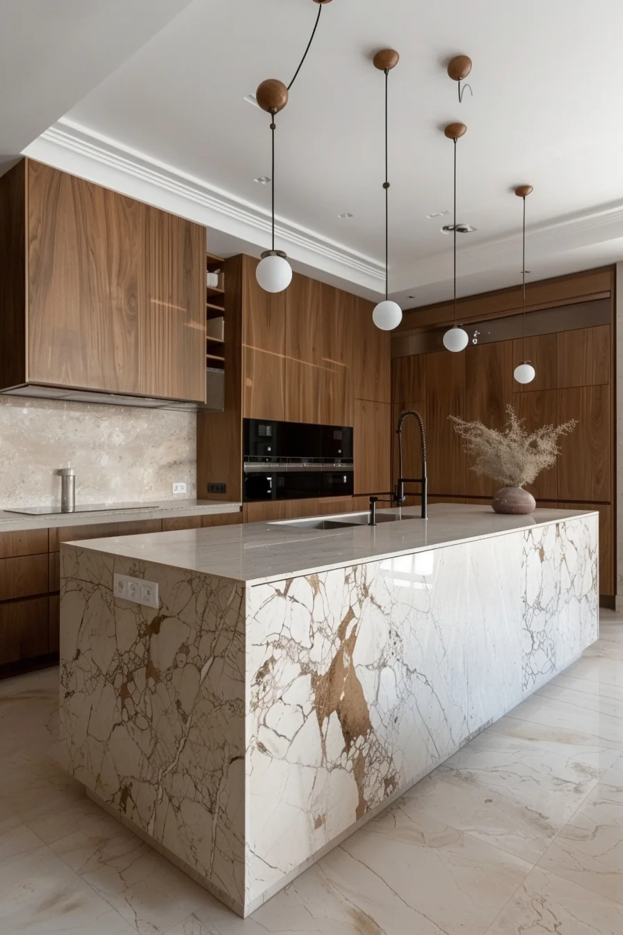 wood and marbled japandi kitchen
